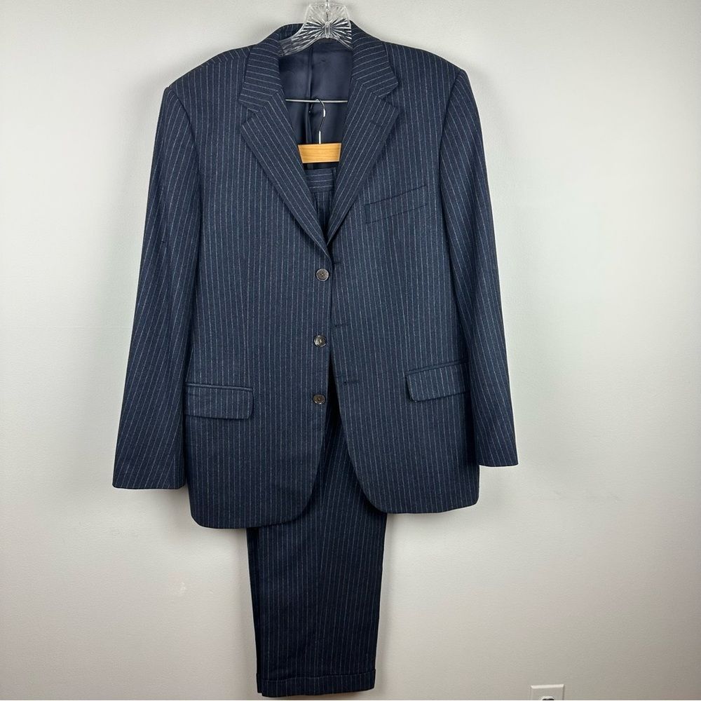 Men’s 2-Piece Wool Suit Navy Pinstripe Blazer & Pleated Pants H. FROGG Sz 52/45